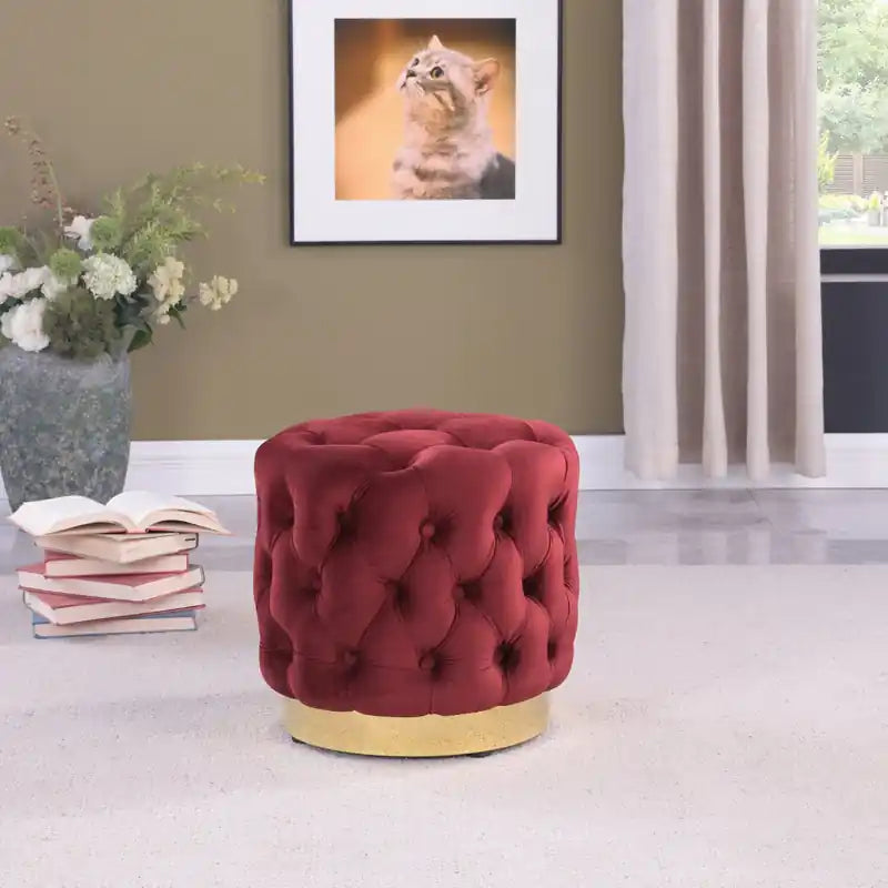 Pouf rond en tissu avec base dorée de 17 po