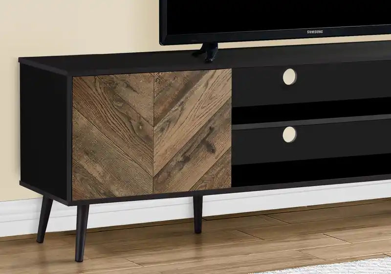 Meuble TV moderne 71" avec rangement et gestion des câbles pour TV jusqu'à 80" - Deux tons noir et marron