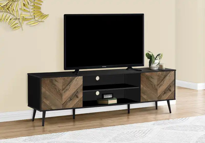 Meuble TV moderne 71" avec rangement et gestion des câbles pour TV jusqu'à 80" - Deux tons noir et marron