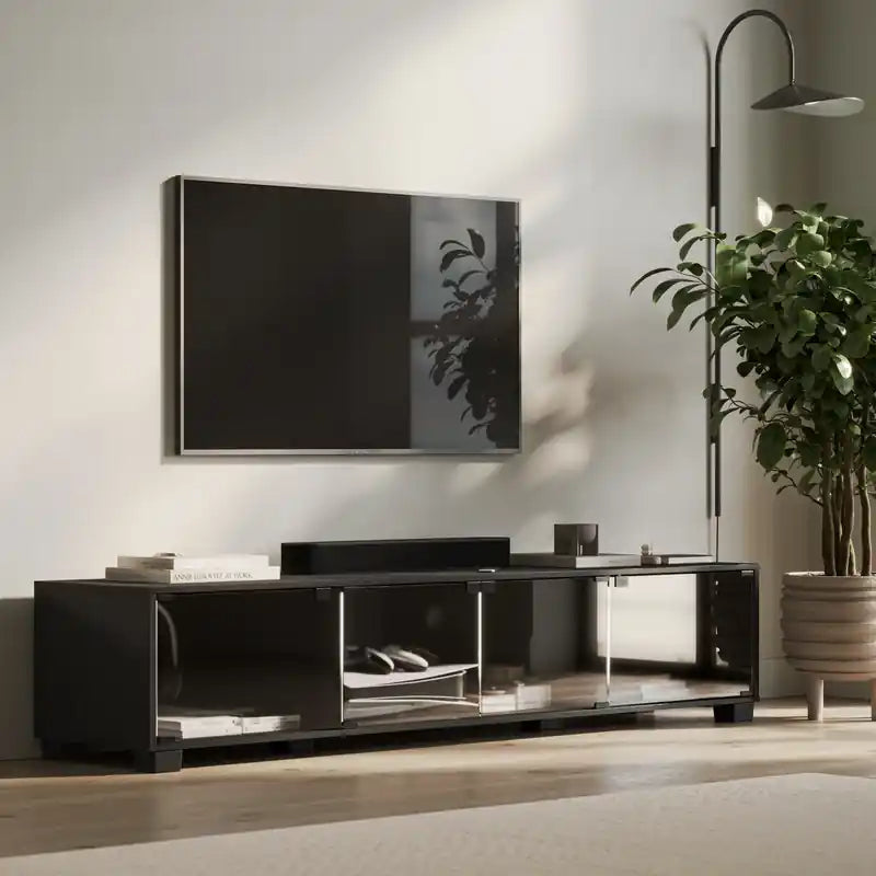 Meuble TV moderne de 84 po avec rangement et gestion des câbles pour téléviseurs jusqu'à 90 po - Noir