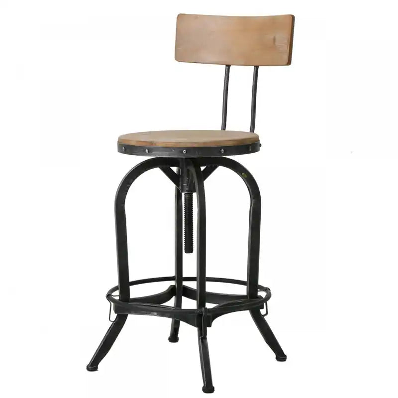 Tabouret de bar avec hauteur réglable, assise en bois de sapin, structure en métal