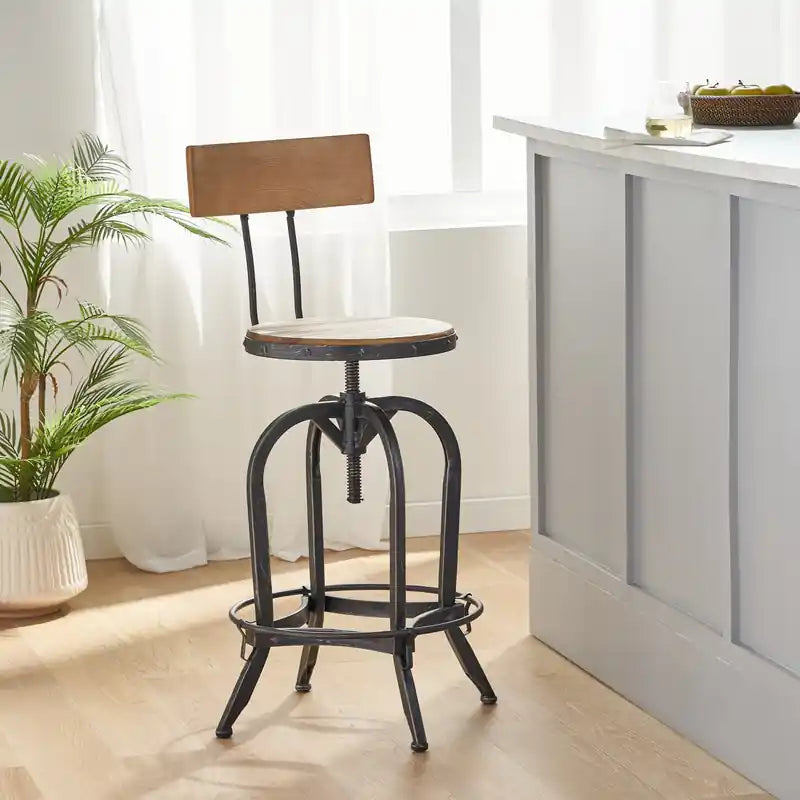 Tabouret de bar avec hauteur réglable, assise en bois de sapin, structure en métal