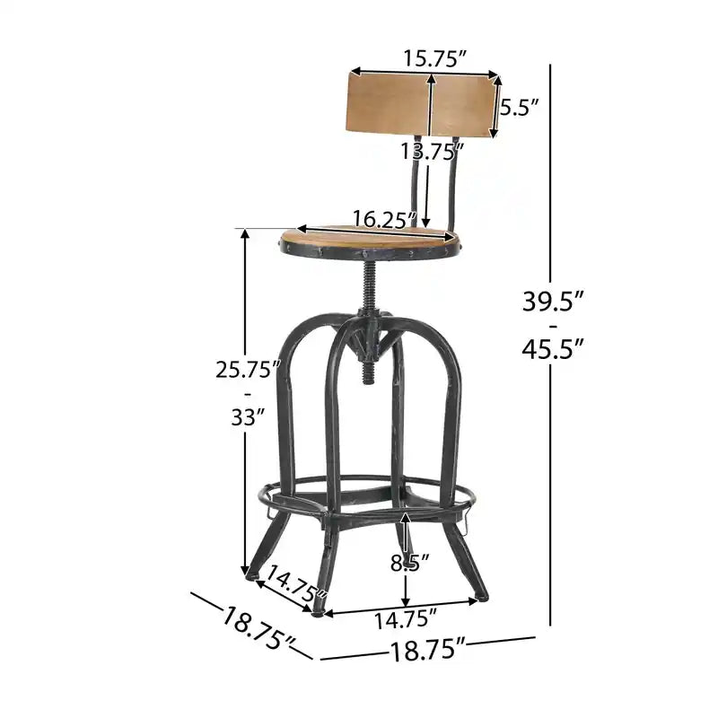 Tabouret de bar avec hauteur réglable, assise en bois de sapin, structure en métal