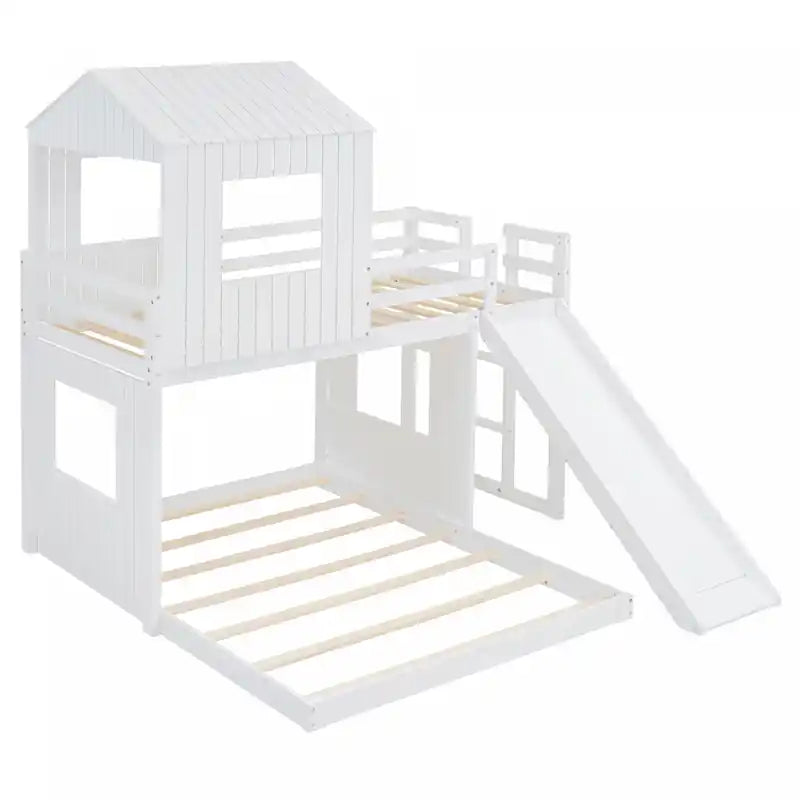 Marico Twin Over Solid Wood Full Bunk Bed With Slide, Playhouse Design