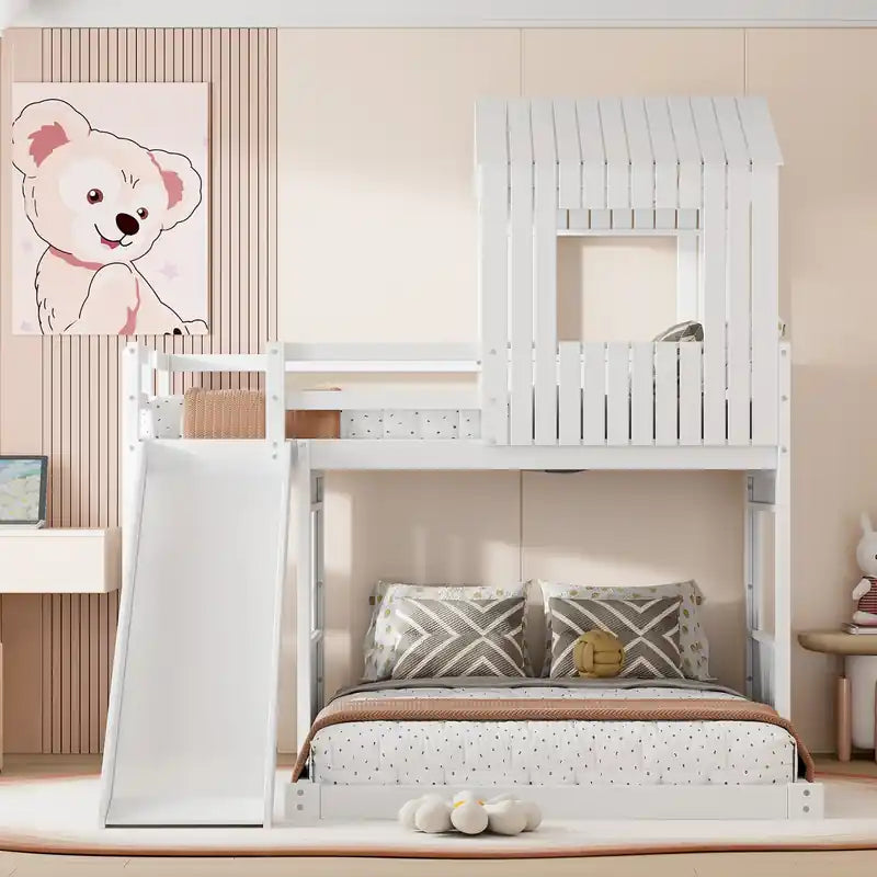 Lit Superposé Jumeau Sur Lit Double En Bois Massif Avec Toboggan, Design Playhouse