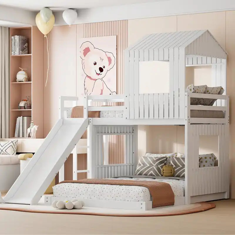 Lit Superposé Jumeau Sur Lit Double En Bois Massif Avec Toboggan, Design Playhouse
