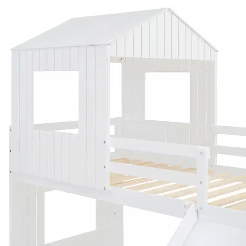 Lit Superposé Jumeau Sur Lit Double En Bois Massif Avec Toboggan, Design Playhouse