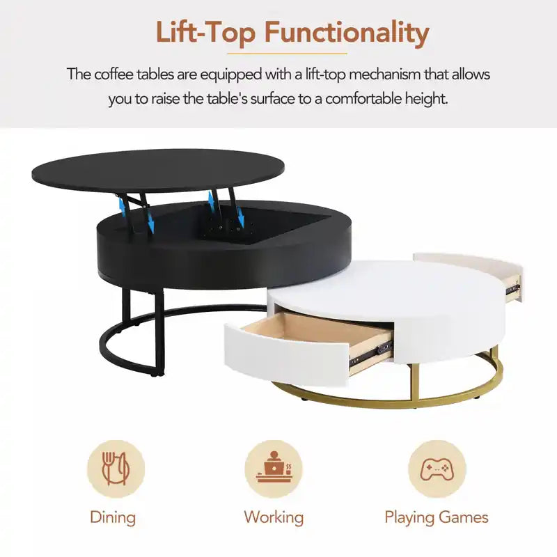 Table basse gigogne relevable de 31,5 po en bois manufacturé avec tiroirs