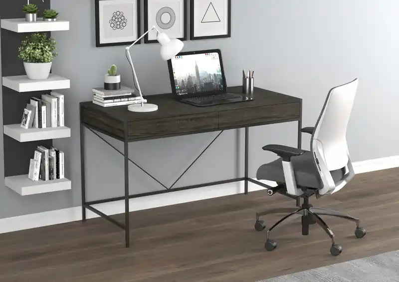 Bureau d'ordinateur 49" avec 2 tiroirs - Bois gris avec métal noir