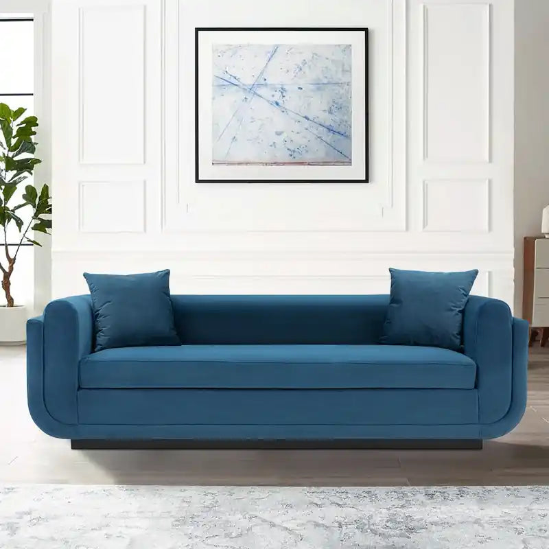 Canapé contemporain en velours avec coussins - Bleu saphir