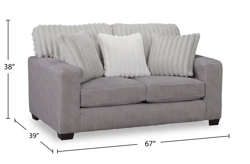 Causeuse en chenille et similicuir 67 po fabriquée au Canada avec coussins amovibles - Gris Paloma moelleux
