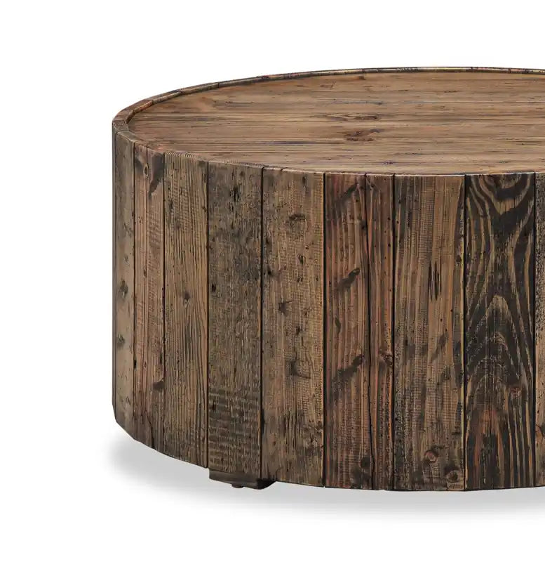 34 Table basse ronde rustique avec roulettes - Pin rustique