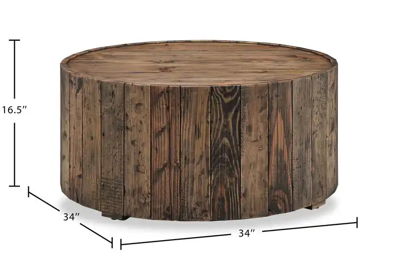 34 Table basse ronde rustique avec roulettes - Pin rustique