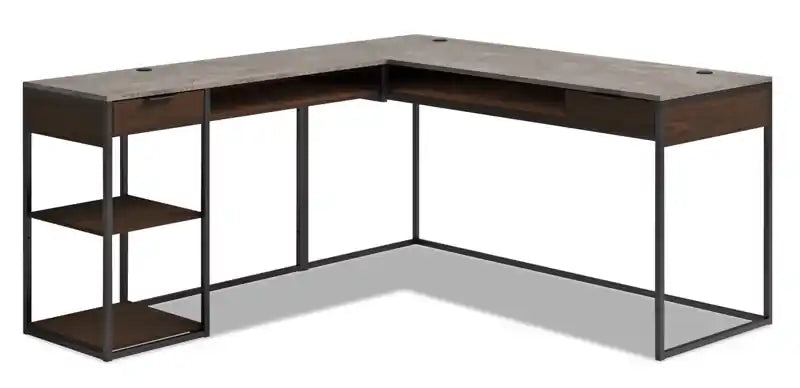 Maxim 65.98 L-Shaped Office Desk with 2-Drawers, Cubbyholes & Shelves - Umber Wood