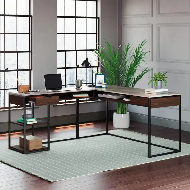 Bureau d'angle de 167,6 cm avec 2 tiroirs, casiers et étagères – Bois Ombre