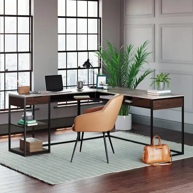 Bureau d'angle de 167,6 cm avec 2 tiroirs, casiers et étagères – Bois Ombre