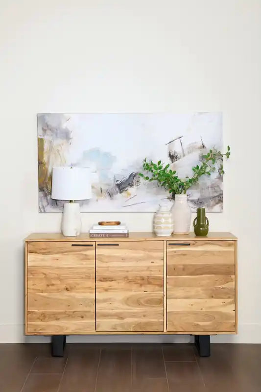 Buffet de salle à manger avec rangement, 60 po de largeur, en bois d'acacia et métal – Naturel et noir