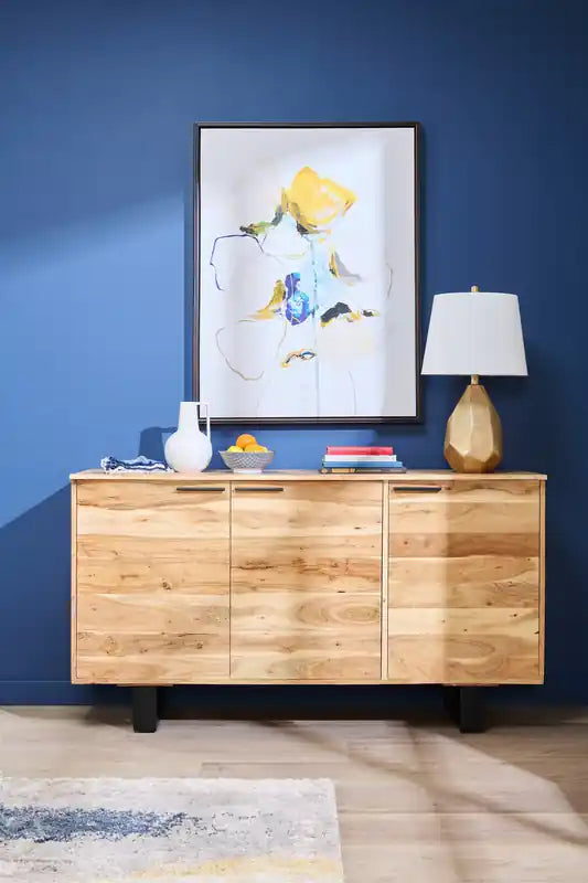 Buffet de salle à manger avec rangement, 60 po de largeur, en bois d'acacia et métal – Naturel et noir
