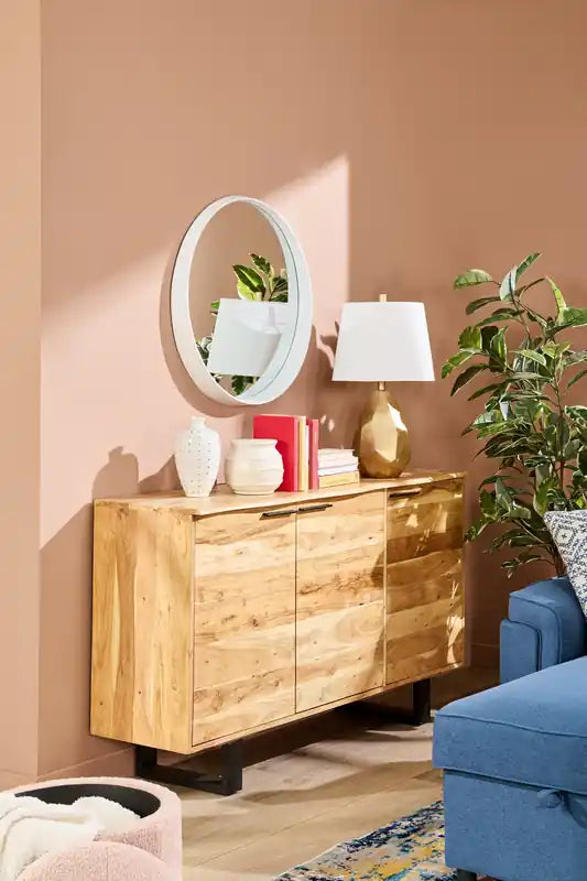 Buffet de salle à manger avec rangement, 60 po de largeur, en bois d'acacia et métal – Naturel et noir