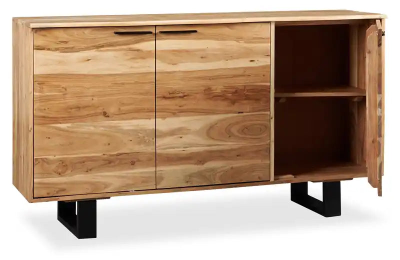 Buffet de salle à manger avec rangement, 60 po de largeur, en bois d'acacia et métal – Naturel et noir