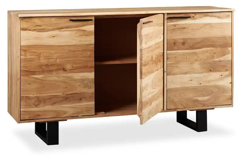 Buffet de salle à manger avec rangement, 60 po de largeur, en bois d'acacia et métal – Naturel et noir
