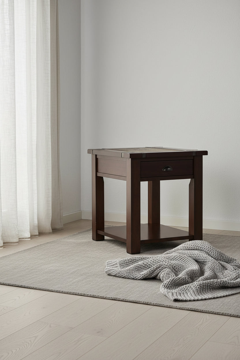 Roanoke 22 Rustic End Table with Storage and Shelf - Dark Cherry Wood and Slate Inlay