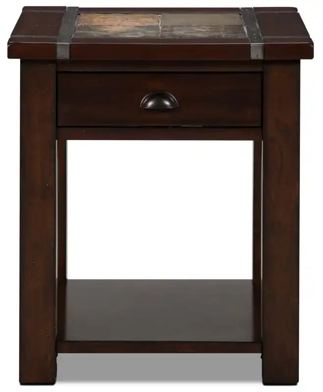 Table d'appoint rustique 22 po avec rangement et étagère – Bois de cerisier foncé et incrustation en ardoise