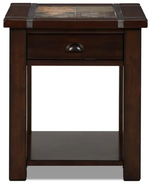 Table d'appoint rustique 22 po avec rangement et étagère – Bois de cerisier foncé et incrustation en ardoise